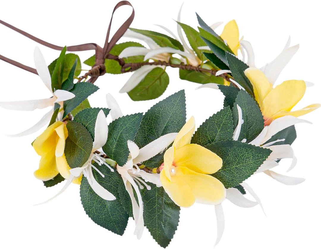 3 x Tropical Flower Crown Headband, Yellow Hawaiian Floral Headpiece, Artificial Summer Hawaii Hair Accessories for Women Girls Hawaiian Party Costume Beach Pool Vacation Photo Props