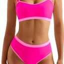 MOOSLOVER Women Sporty Color Block Bikini Sets Cheeky High Cut Two Piece Swimsuit (Small, Pink)