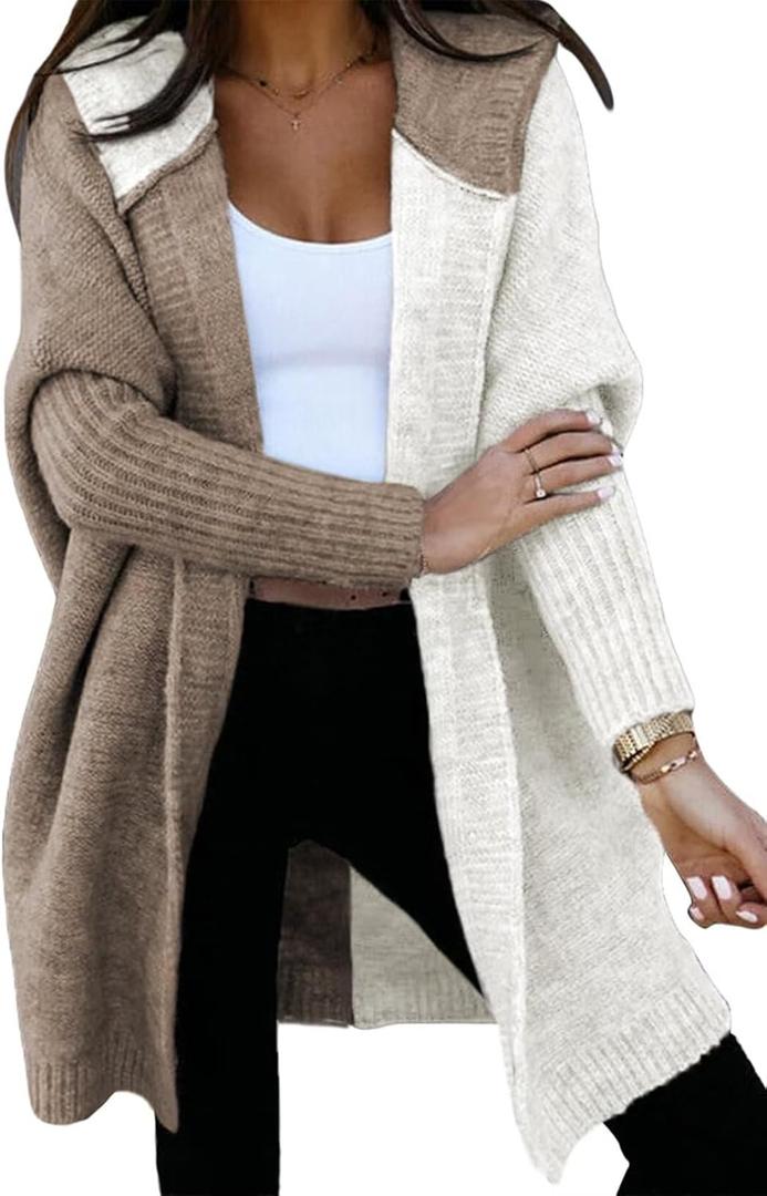 Astylish Women 2025 Fall Outfits Open Front Long Sleeve Hooded Knit Cardigan Sweaters Color Block Outwear Coats (Small, Khaki)