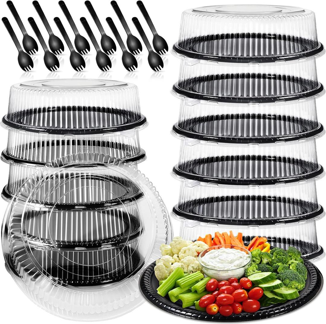Tessco for you 12 Pack Disposable Serving Tray with Lid Round Black,16 Inch