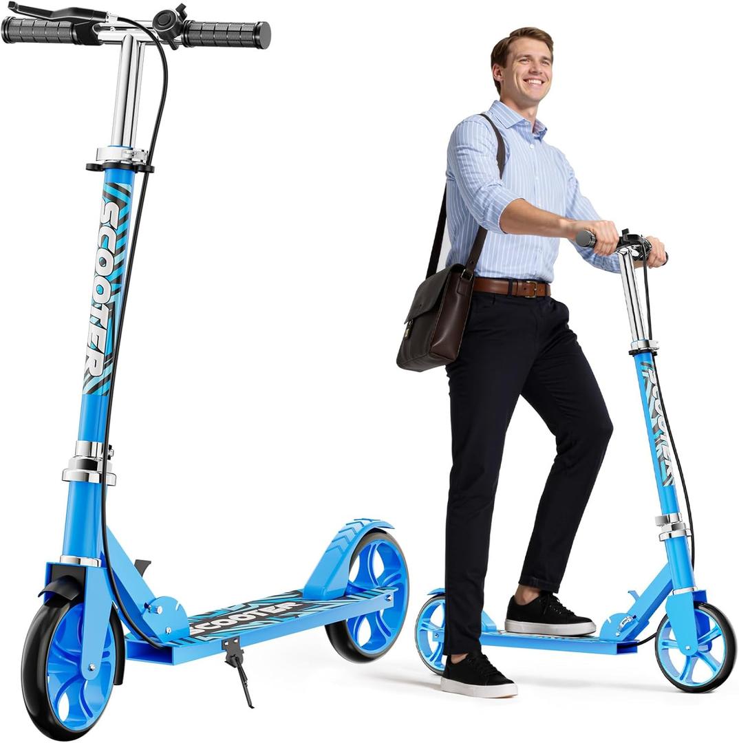 Scooters for Kids 8-12, Teens & Adults - Lightweight, Foldable, 8-Inch Big Wheels, Hand Brake & Bell, 4 Adjustable Height Levels, 240 lbs Max Load, Perfect for School, Campus and Park Rides (Blue)