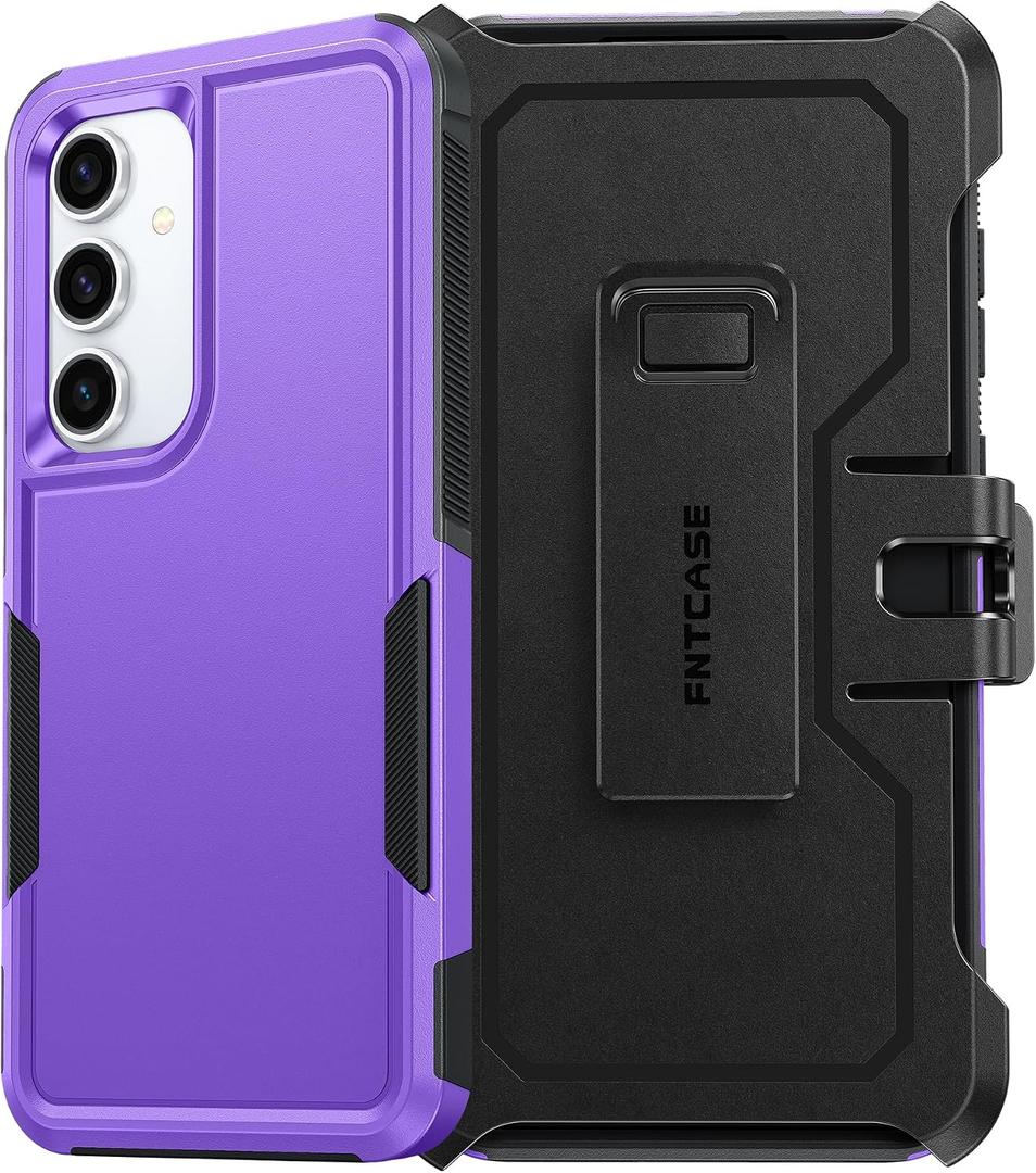 FNTCASE for Samsung Galaxy S24-FE Case: Dual Layer Military Grade Drop Protection Cell Phone Cover with Belt-Clip Holster | Shockproof Rugged Durable Heavy Duty Protective Bumper Tough (Purple)