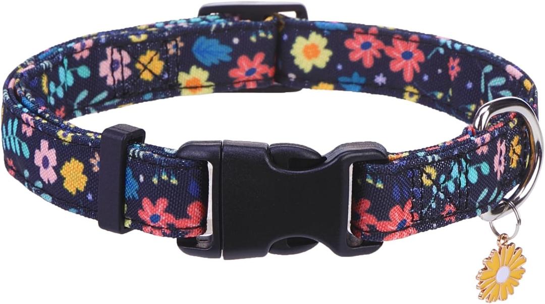 PUPTECK Cute Floral Dog Collar, Soft Cloth Fabric Dog Collars for Small Medium Large Dogs, Adjustable Puppy Collar with Pendant for Male Female Boys Girls Accessories (Black) L