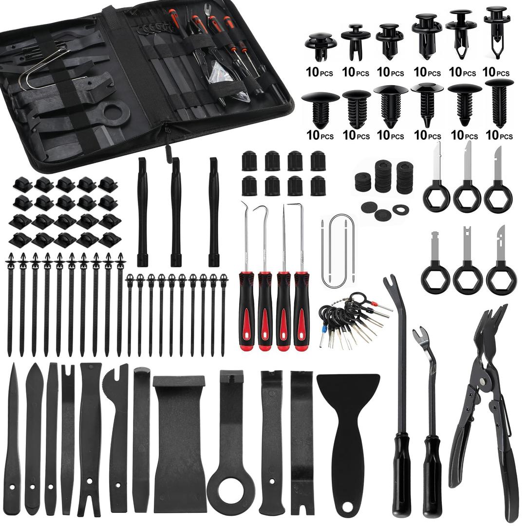 YYAYYA 330pcs Car Trim Removal Tool Set - Auto Upholstery Pry Kit with Clip Pliers, 120 Retainer Clips, Stereo Keys, Hooks. POM Plastic Dashboard Door Panel Fastener Remover (330Pcs-BLACK)