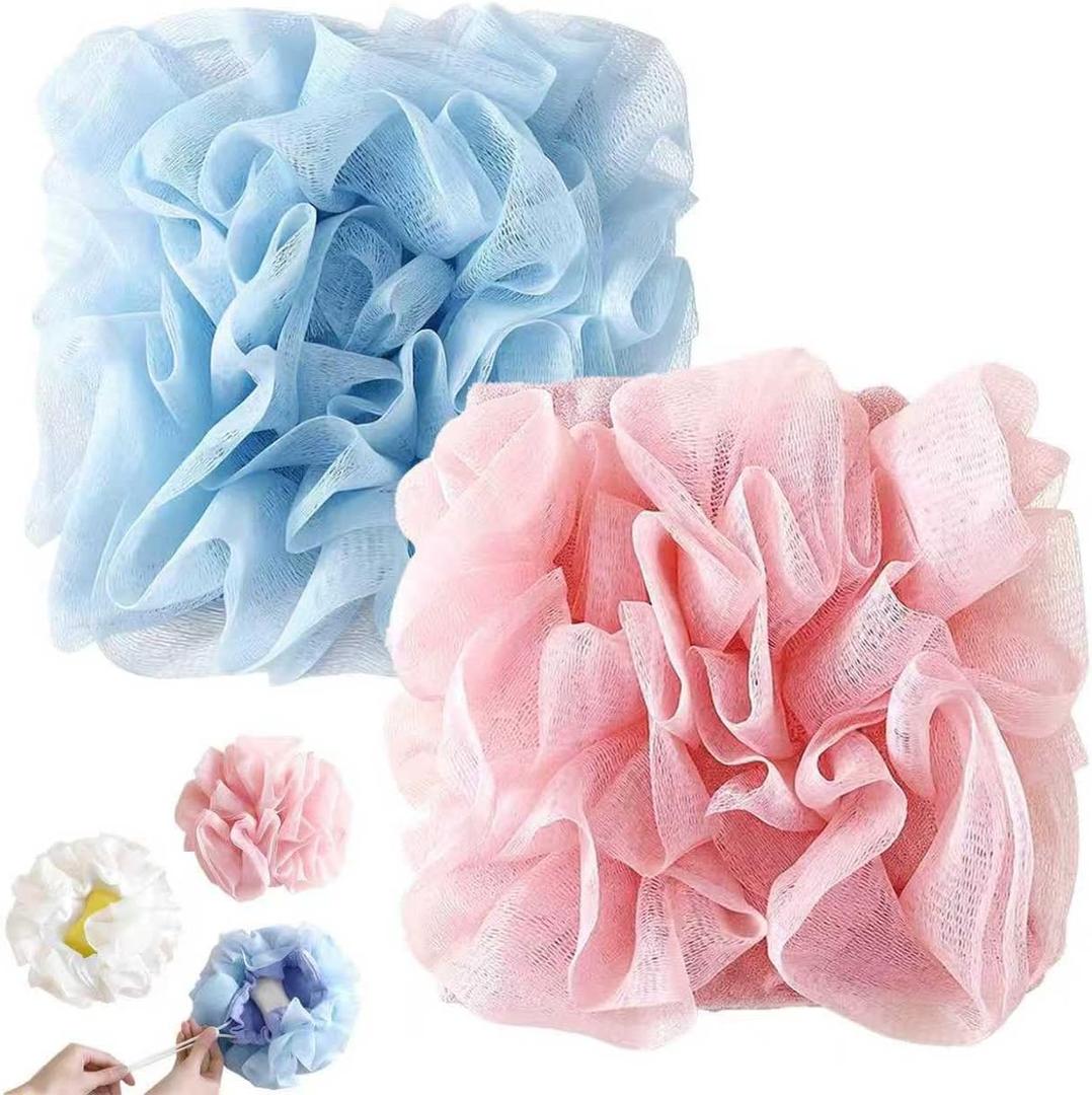 2 in 1 Loofah Sponges 2-Pack Dual-Sided Exfoliating Bath Sponges for Shower & Loofah Washcloth for Bar Soap Premium Body Scrubber with Drawstring for Gentle Skin Smoothing - BluePink
