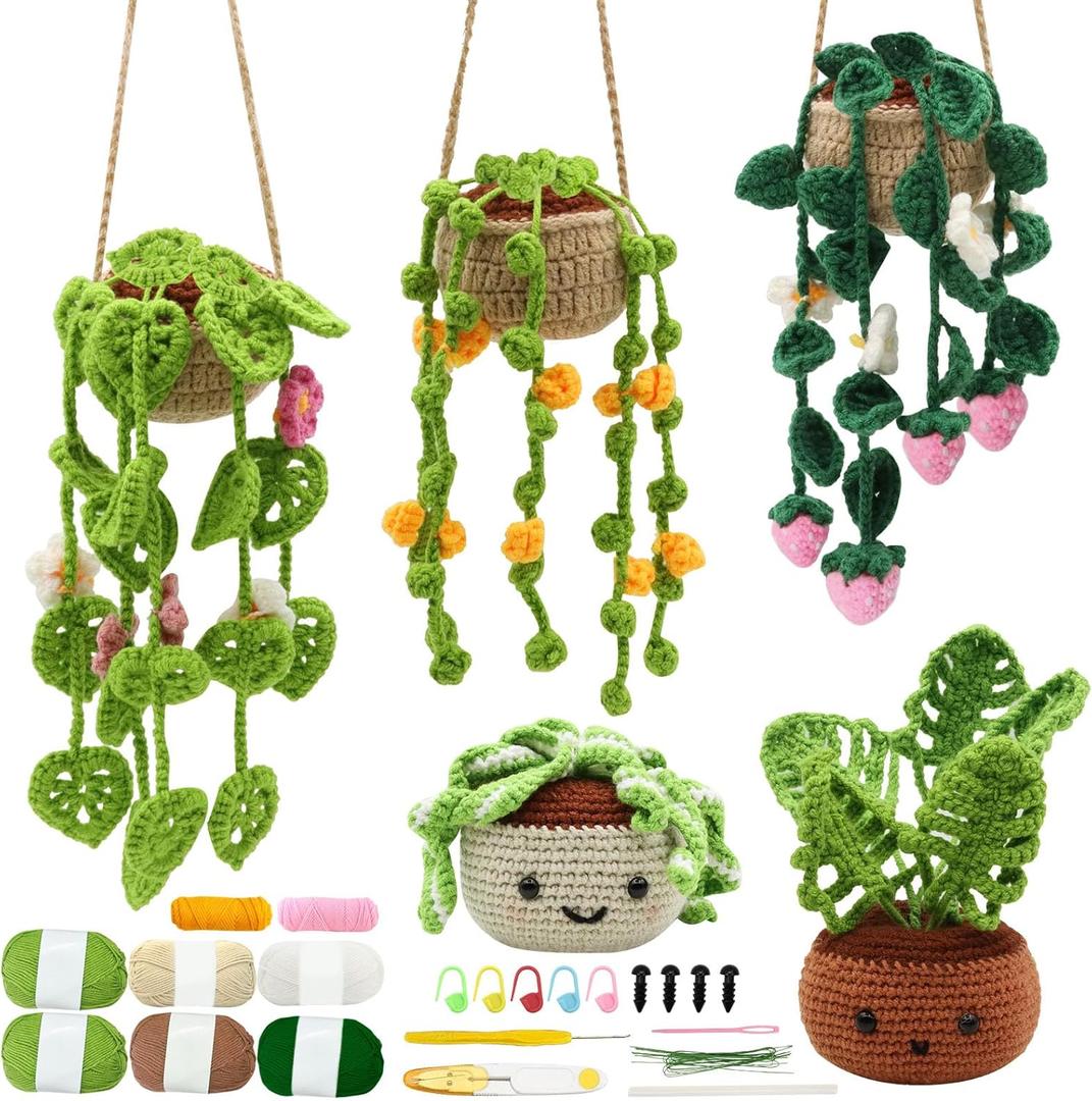 Soleeya Crochet Kit for Beginners 5 Pcs Potted and Hanging Plant Crochet Kit Flowers Knitting Kit for Adults Learn to Crochet Including Yarn Tools and Video Tutorials, DIY Crocheting Craft Gifts (pink)