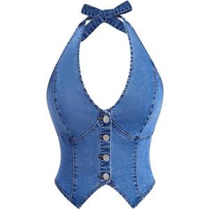 Milumia Women's Denim Halter Top Tie Backless Button Front Slim Fit Vests (Medium, Medium Blue)