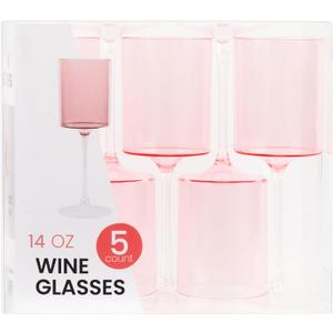PLASTICPRO 10 Pack Plastic Wine Goblets 14 oz Two Tone Elegant Disposable Wine Glasses with Stem Reusable Hard Plastic Drinking Glasses for Parties Weddings, Pink and Clear