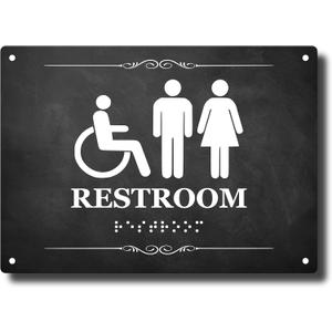 ADA Compliant Restroom Sign with Raised Braille Text, White Men, Women, and Disabled Logos, UV Printed Aluminium Composite, 8" x 5.75"