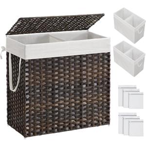SONGMICS Laundry Hamper with Lid, 130L Clothes Hamper with 2 Removable Liner Bags and 6 Mesh Bags, Wicker Laundry Basket, Double Laundry Hamper for Bathroom, 13 x 26 x 23.6 Inches, Brown ULCB253K01