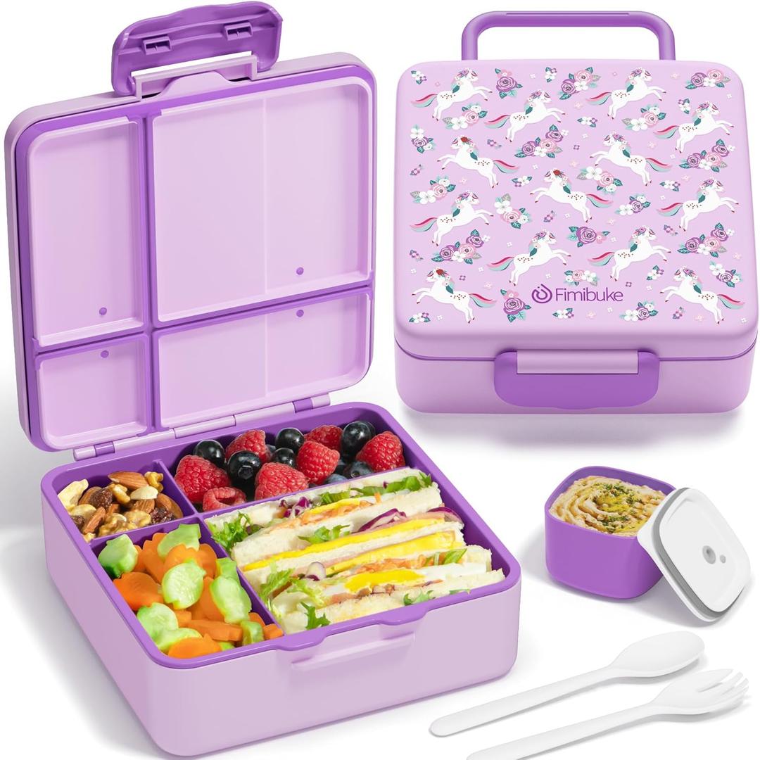 Fimibuke Bento Lunch Box for Kids, Leak Proof Toddler Bento Box with 4 Compartments BPA Free Dishwasher Safe Lunch Container with Utensils, Ideal Portion Sizes for Ages 3-12 Girls Boys for School (A17. Purple Unicorn)