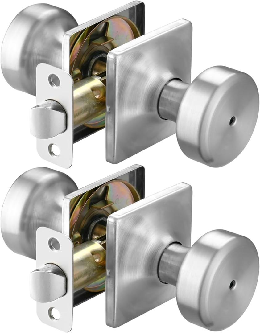 2 Pack Brushed Nickel Door Knobs with Square Rosette,Pismo Door Knob with Lock,Privacy Door Handles Interior for Bath & Bed