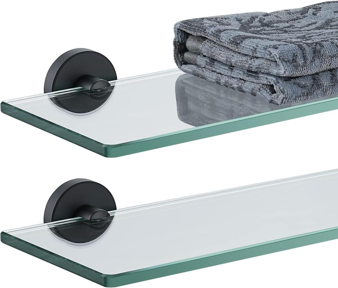JQK Bathroom Glass Shelf Black, Tempered Glass Shower Storage 20 by 5 inches, 304 Stainless Steel Matte Black Wall Mount, 2 Pack, TGS101L20-PB-P2