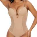 SHAPERIN Women's Backless Body Shaper Bra Faja U Plunge Low Back Thong Shapewear Tummy Control Deep V Bodysuit (Medium, Nude)