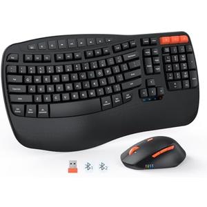 MEETION Wave Ergonomic Keyboard and Mouse Wireless, USB/Bluetooth Wave Ergo Keyboard with Wrist Rest, 4 DPI Adjustable Swing Wheel Silent Wireless Mouse Rechargeable for Windows/Mac/Android Director-D