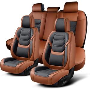 Leather Car Seat Covers Full Set with Lumbar Support, Waterproof Car Seat Cover, Universal Seat Covers for Cars, Trucks, SUVs, Sedans, Airbag Compatible, Front Pair and Rear, Brown&Black