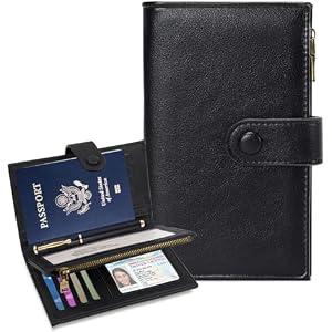 BKNOOU Passport Holder for Travel, RFID Blocking Passport Wallet Travel Wallet for Women Men, Leather Passport Cover with Zippered Coins Pocket, Trifold Clutch Wallet for Airport Essentials/ Daily