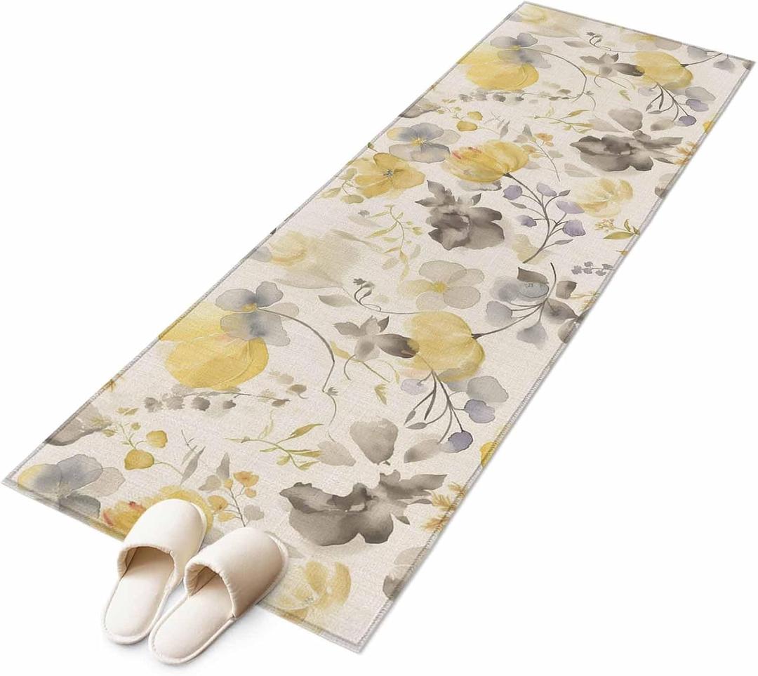 Yellow Gray Floral Runner Rug 2x6 Washable Kitchen Rug Non-Slip Lightweight Thin Soft Bathroom Runner Botanical Watercolor Plants Flowers Texture Beige Carpet for Hallway Laundry Room Bedroom Entryway