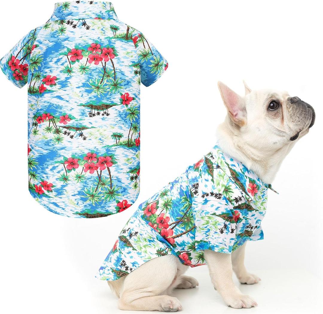 EXPAWLORER Dog Hawaiian Shirt - Dog Summer Clothes, Breathable Polo T-Shirts with Floral and Sea Island Pattern, Puppy Outfit, Shirt for Small Medium Large Dogs Boy and Girl in Hot Days, Light Blue, XL