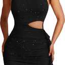 2 x DAAWENXI Women's Sexy Sleeveless Cut Out Ruched Dress Mesh Backless Bodycon Club Party Mini Dresses Black (Black, S)