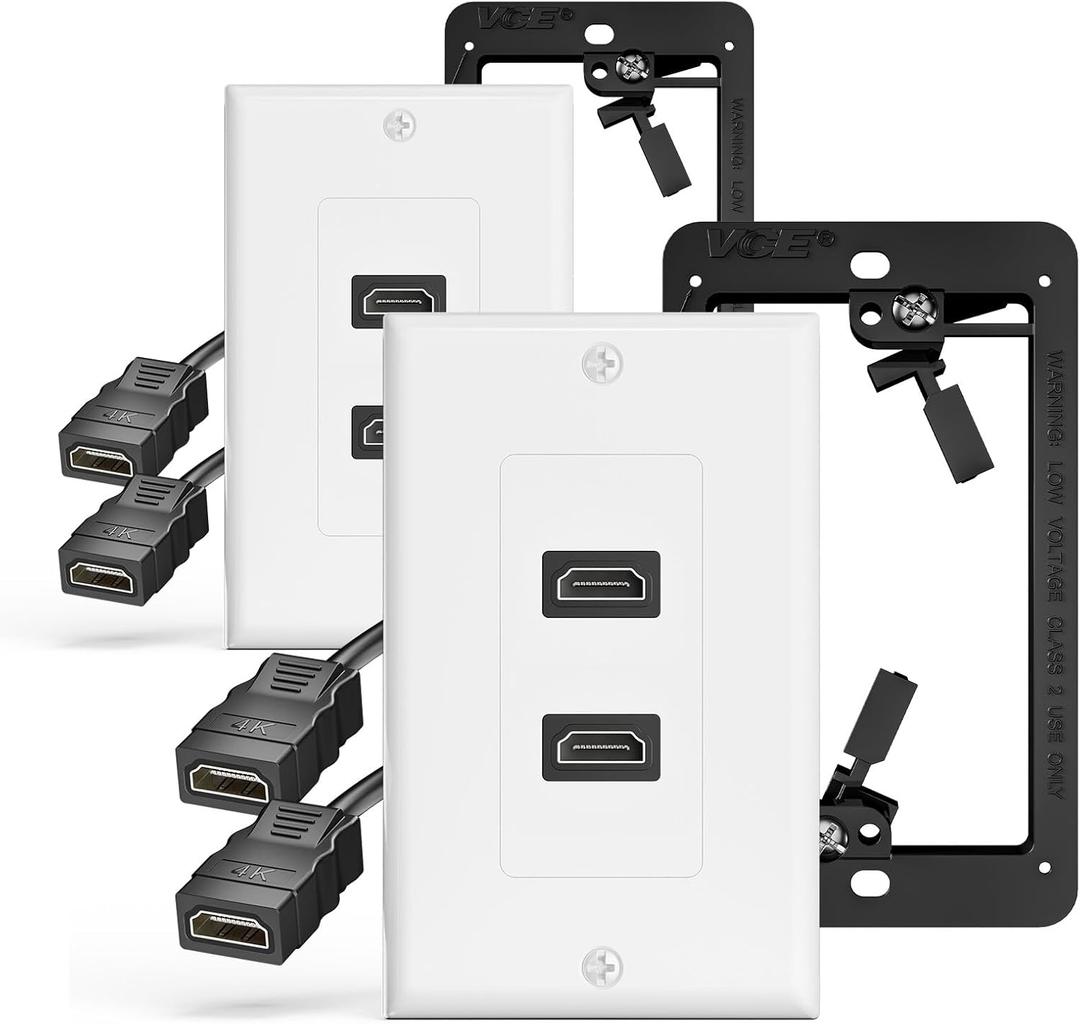 VCELINK HDMI Wall Plate, 2 Pack 4K HDMI Outlet Wall Plate with Low Voltage Mounting Bracket, Supports 4K@60 Hz HDR ARC, HDMI Wall Plate Pass Through for Home Theater (2-Port)