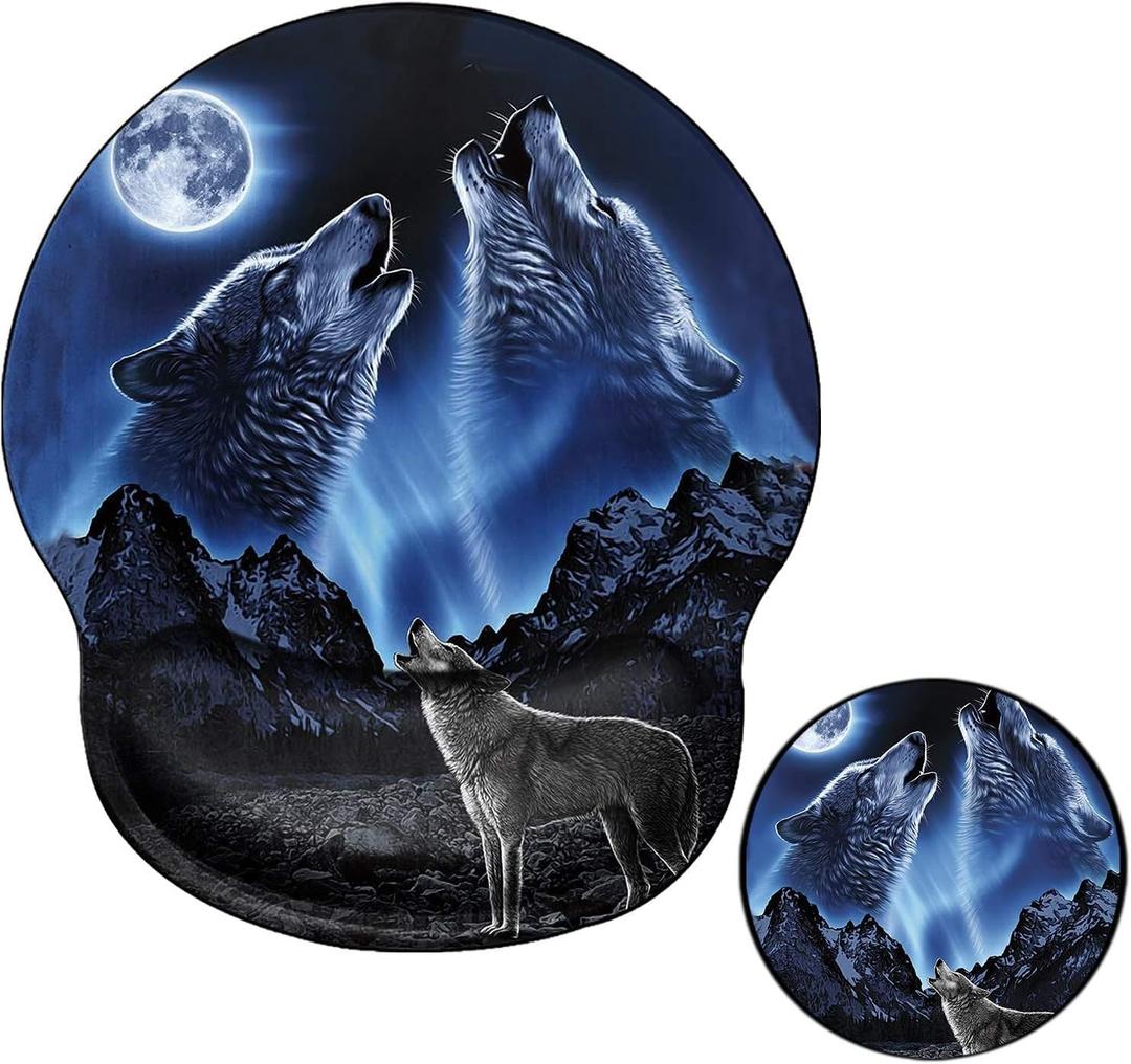Ergonomic Mouse Pad with Wrist Support Wolf Mousepad Wrist Rest for Pad Gel Carpal Tunnel Relieves Pain Blue Mouse Mat with A Coaster for Computer Girl Work