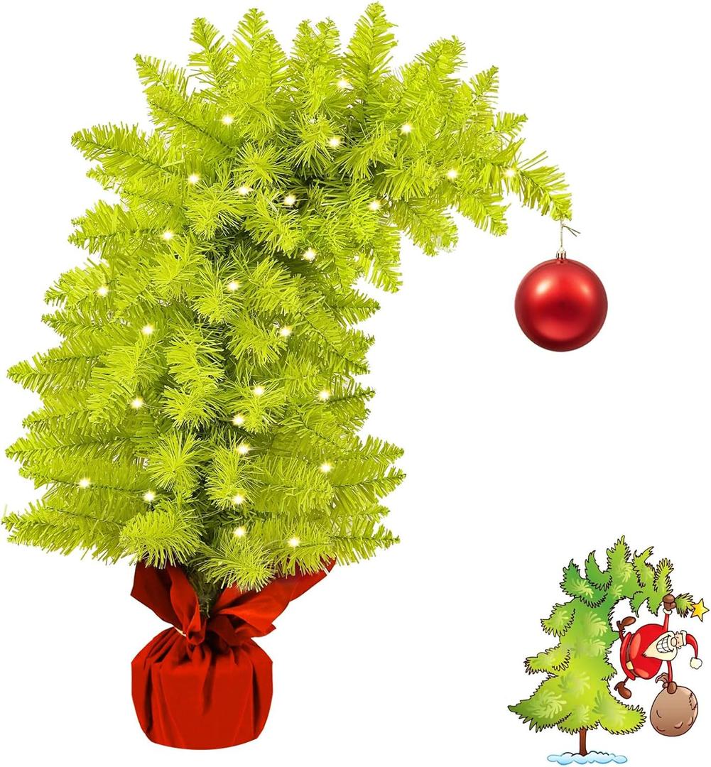 2 FT Whimsical Christmas Tree,Lime Green Bendable Christmas Tree,Branch Artificial Christmas Tree with Ball Ornaments and Cement Base Holiday Decor Perfect for Home Office Party Decor (2 FT)