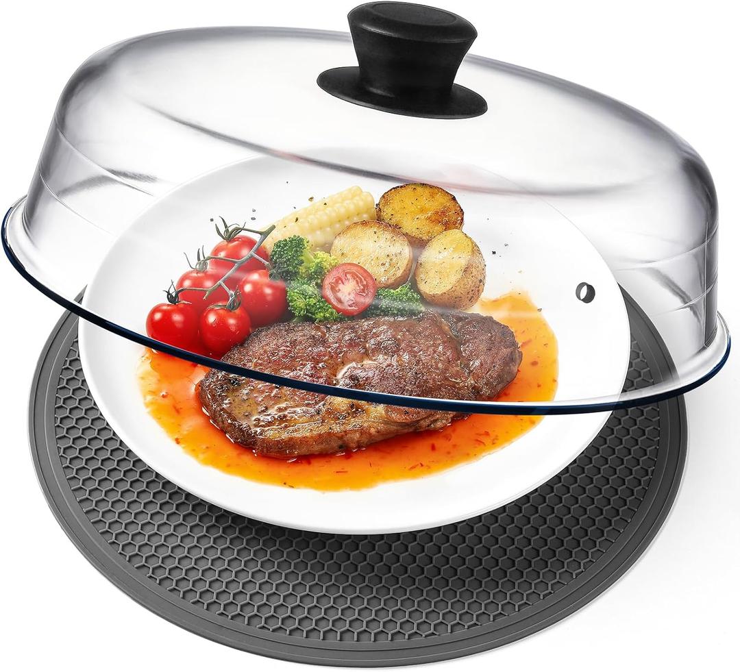 2 in 1, Glass Microwave Splatter Cover for Food & Microwave Place Mat, Plate Splatter Guard Lid with Easy Grip Silicone Handle Knob, Borosilicate Glass with Vent Hole, Food Grade, No Plastic, 10in
