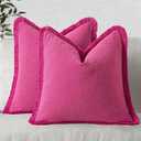 MIULEE Decorative Throw Pillow Covers Neutral Linen Fringe Throw Pillows Set of 2 Hot Pink Boho Farmhouse Cushion Covers with Tassels for Couch Sofa Bed Living Room Spring Home Decor 16x16 Inch