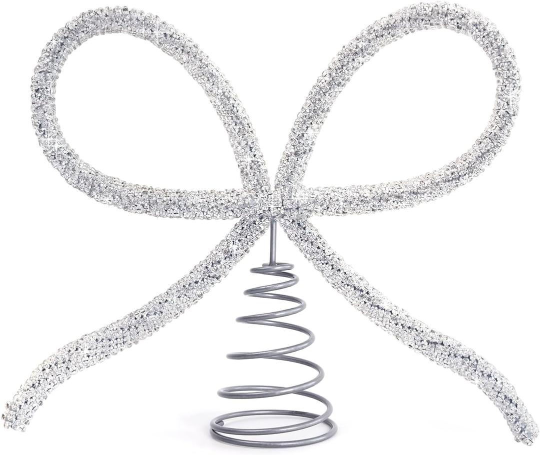 Christmas Decorations - Christmas Decor - Silver Glass Rhinestone Bow Tree Topper - Xmas Holiday Tree Top Decoration for Indoor Outdoor Home Room Party