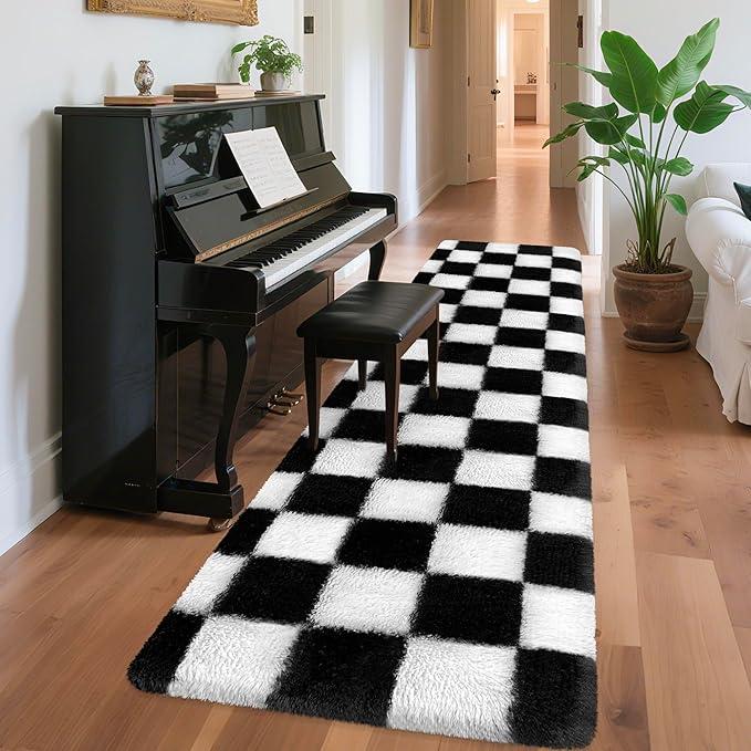 Monday Rug Black and White Checkered Runner Rug 2x8 Ft Washable Shaggy Fluffy Rug for Bedroom Living Room Plaid Runner Rug Fuzzy Shag Carpet Non Slip for Bedside Hallway Sofa Home Dorm