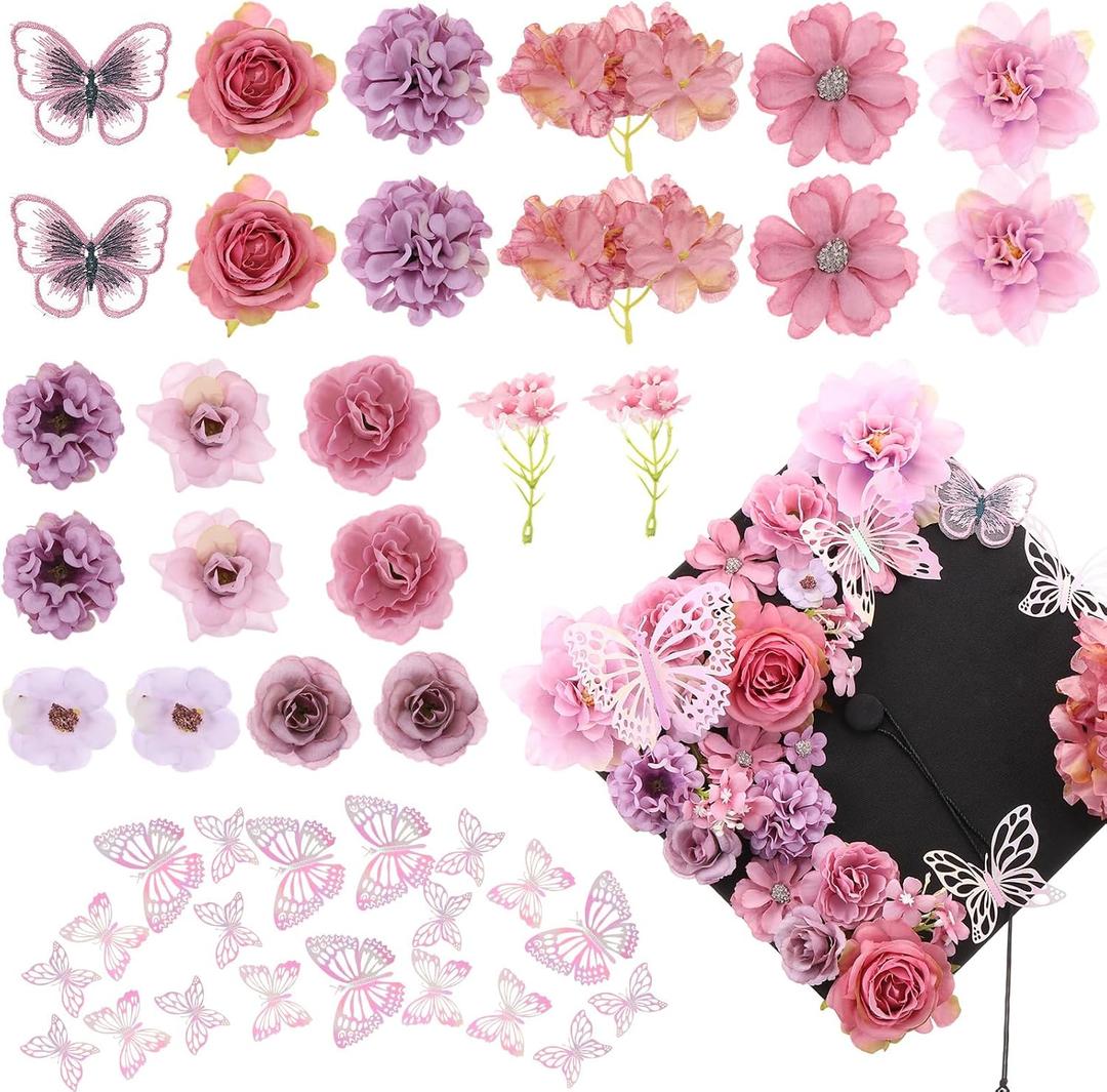 Wavwavw 36 Pcs DIY Graduation Cap Decorations Accessory Kit Include Faux Flower Heads and 3D Glitter Butterfly for Graduation Cap Decoration Home Decor Cake Wreath Craft Decor (Dusty Purple)