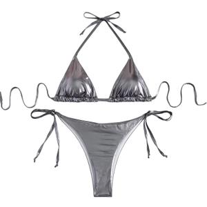 Women's Metallic Shiny Bathing Suit High Waisted Triangle Tie Side Swimsuit Bikini Set (S, Gray)