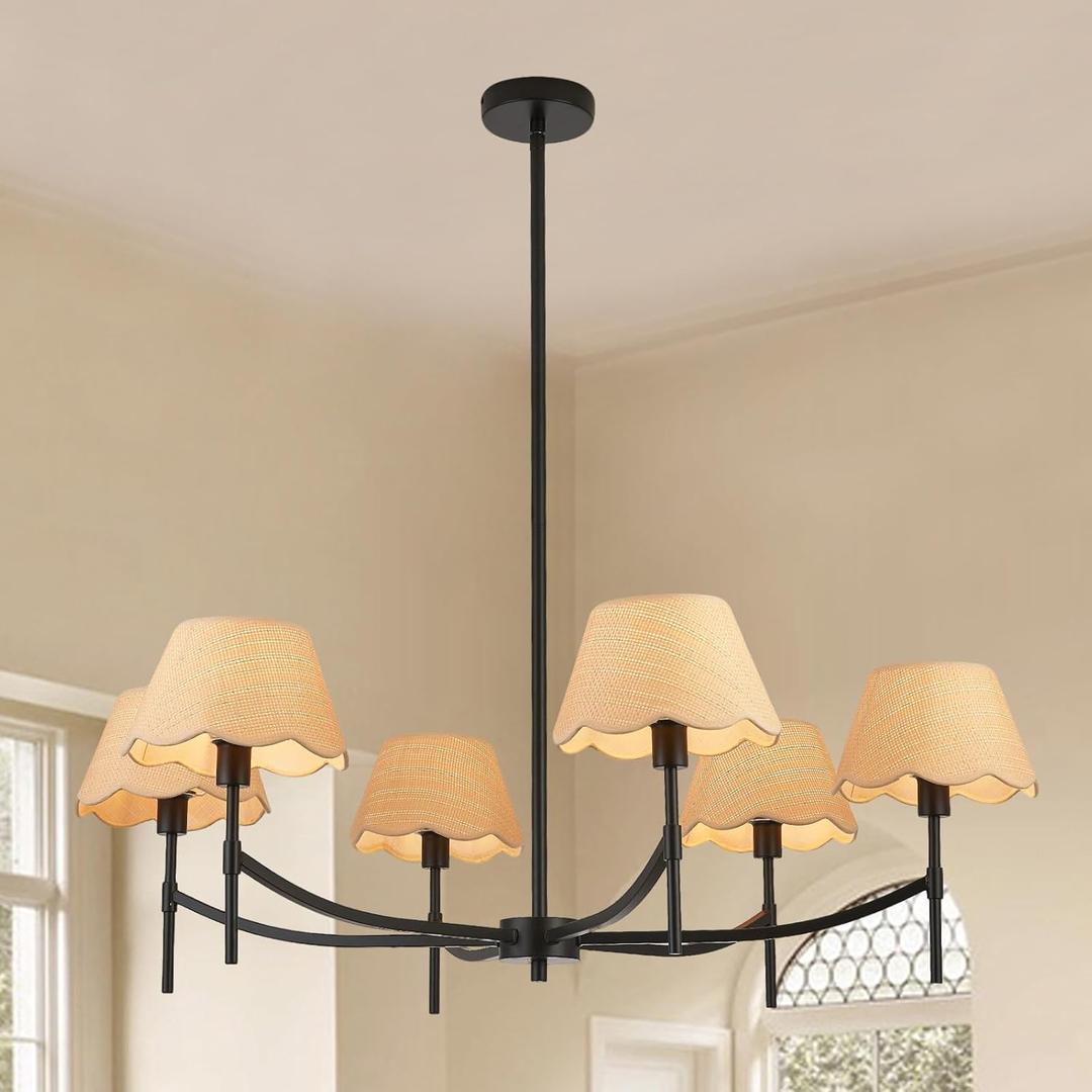 39 Inch Boho Chandelier Light Fixture 6 Lights Adjustable Large Hand Woven Rattan Rustic Black Pendant Lights Farmhouse Hanging Light Fixture for Dining Room Kitchen