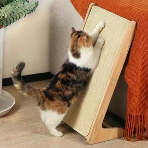 Zakkart L-Shaped Sisal Cat Scratcher, 24.8'' Tall Convertible 70Â° Vertical Scratching Pad & 20Â° Ramp Scratcher, Natural Sisal Mat, Solid Wood Frame, Helps Protect Furniture, Easy Assembly (Natural)