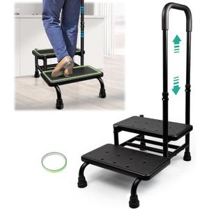 2 Step Stool with Handle for Elderly, Heavy Duty Medical Step Stool with Adjustable Handrail and Non-Slid Platform for Adults, Seniors and Handicap, Bed Steps for High Beds Holds up to 400LBS (4-Leg)