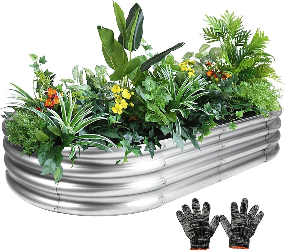 4x2x1 Ft Galvanized Raised Garden Bed with Open Bottom, Outdoor Thickening Oval Planter Box for Herbs, Vegetables, Fruits (Silver)