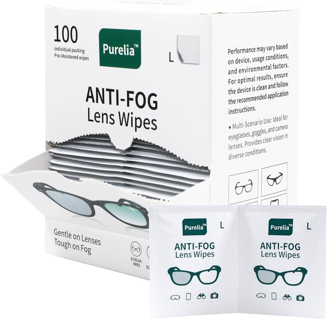Anti-Fog Lens Wipes (12x12cm)  Larger Size, 100-Count, Individually Wrapped, Pre-Moistened Cleaning Sheets for Glasses, Goggles & Screens, No-Residue, Streak-Free Fog Prevention