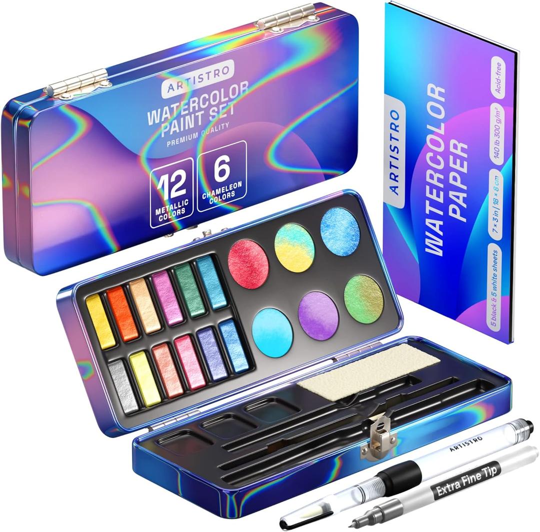 ARTISTRO Metallic Watercolor Paints Set of 18, Palette set Including 12 Metallic Glitter Watercolor and 6 Chameleon Colors. Perfect Travel Watercolor Set for Artists, Amateur Hobbyists and Painting Lovers