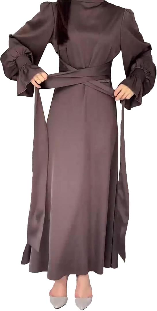 xxxiticat Women's Green Satin Dress Long Lantern Sleeve Mock Neck Puff Shoulder Tie Waist Pleated Cocktail Maxi Slip Dresses (Large, Coffee)