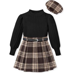 Clothes For Girls Skirt Pants Sets Long-Sleeved Round Neck Top Flannel Plaid Skirt Dress Beret Girls Outfit 3 Piece (7-8 Years, Brown + Black)
