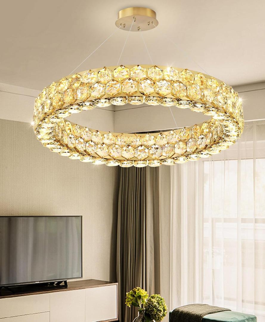 Modern Ring Chandelier, Crystal Chandeliers for Dining Room Round Ceiling Light Fixture for Living Room Bedroom Lighting LED Dimmable with Remote Ring Lights, 24inch Gold Light