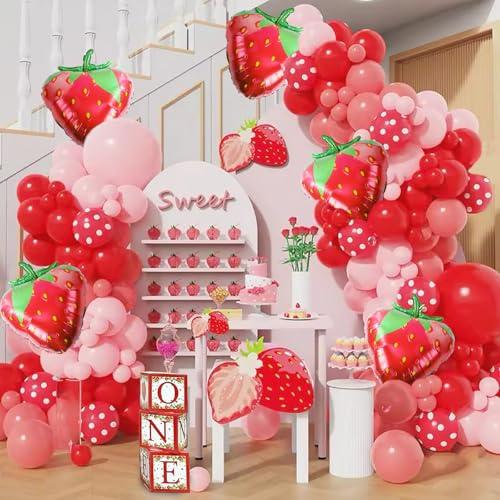 154 Pcs Strawberry Shortcake Party Decoration Balloon Garland Arch Kit - 18inch Strawberry Foil Balloons for Berry First Birthday Decor, Baby Showers, Birthday Parties, Bridal Showers