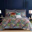 Levtex Home - Night Garden Quilt Set - King Quilt and Two King Shams - Bold Floral - Navy Red Pink Green Ochre White - Quilt (106x92in.) and Shams (20x36in.) - Reversible - Cotton, Quilt - King/Cal King