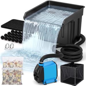 Pond Waterfall Spillway Kit, Pond Waterfall Filter with 980GPH Quiet Pond Pump & Filter Cage, 13 Ft Corrugated Tubing, Filter Media for Outdoor Ponds up to 3,000 Gallons
