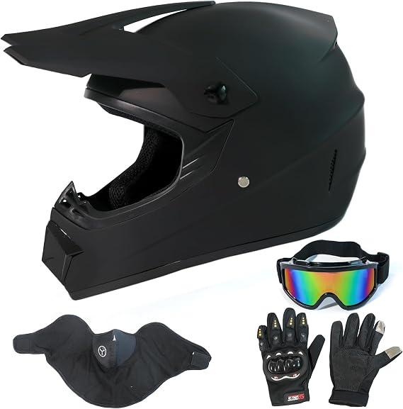 LASFRE Dirt Bike Helmets Black Fullface DOT Motorcycle E Bike ATV Helmet, Motocross Off-Road Street Helmet with Goggles Gloves Mask, Size: L (58-59 cm)