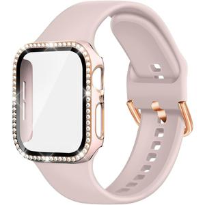 Compatible with Apple Watch Band and Case 38mm 40mm 41mm 42mm 44mm 45mm Women, Soft Silicone Bands and Bling Diamond Case & Glass Screen Protector for iWatch Series 9 8 7 6 5 4 3 2 1 and SE (Pink)