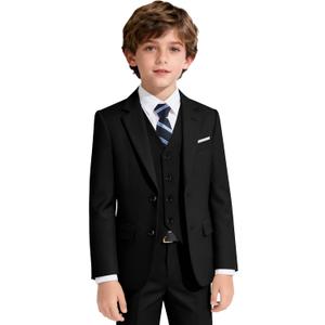 JPF Boy's Formal Suit Set Slim Fit Kids Tuxedo Suits for Wedding Teen Toddler Boy Dress Suit Outfit (14, 6pc Black)