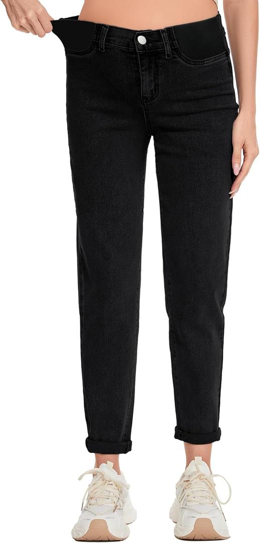 FABRACK Women's Maternity Jeans Mid-Rise Stretchy Boyfriend Jeans Pregnancy Denim Pants with Pockets (Black, XL)