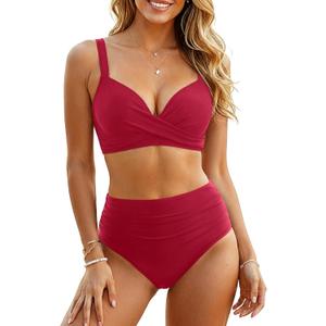 Aqua Eve Women Underwire Bikini Set - High Waisted Two Piece Swimsuit Tummy Control Bathing Suit 2025 Push Up Swimwear (X-Large, Solid Red)